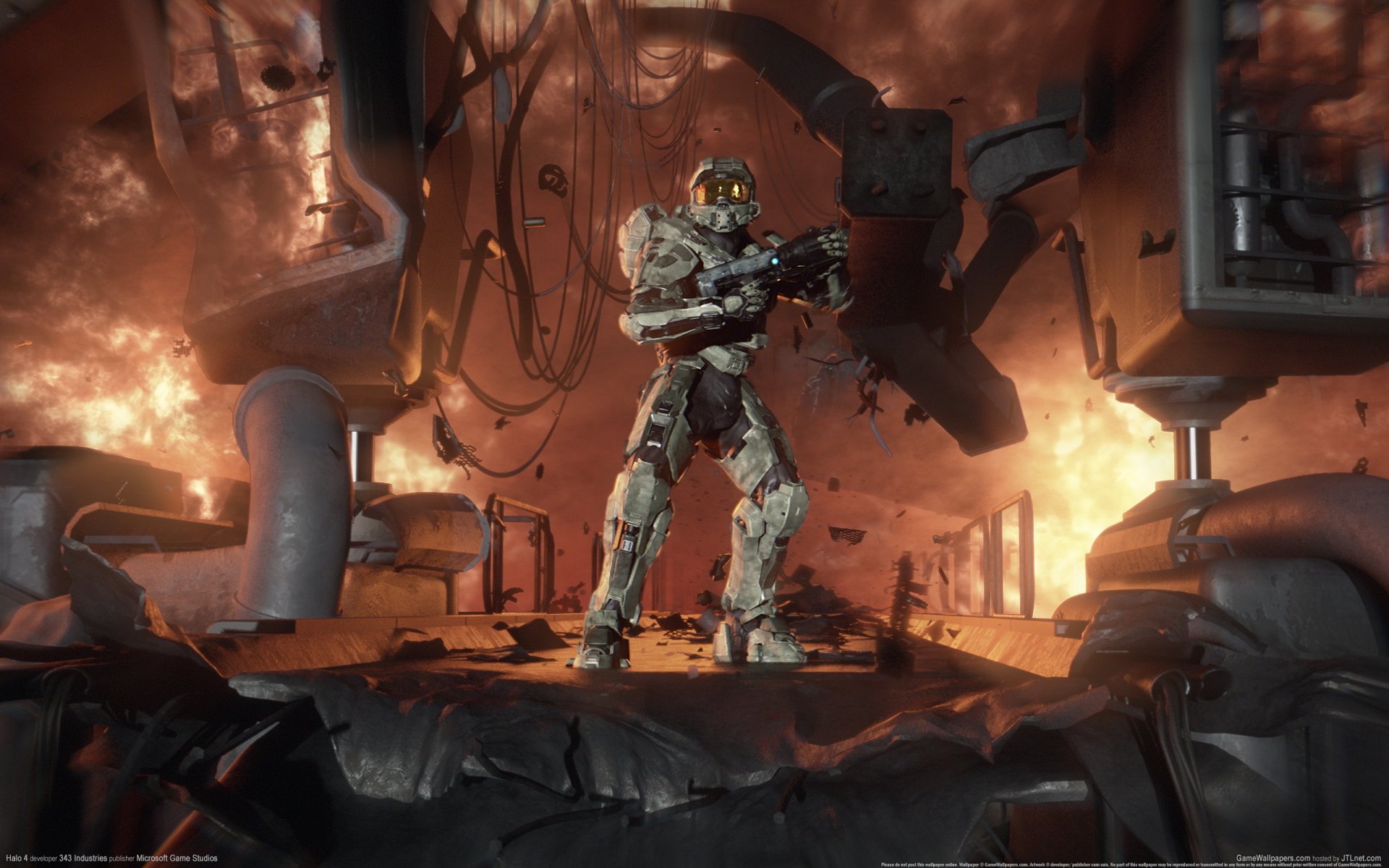 HD wallpaper featuring Cortana and Master Chief from Halo 4, set against a dramatic background of destruction and chaos, showcasing iconic characters from the video game series.