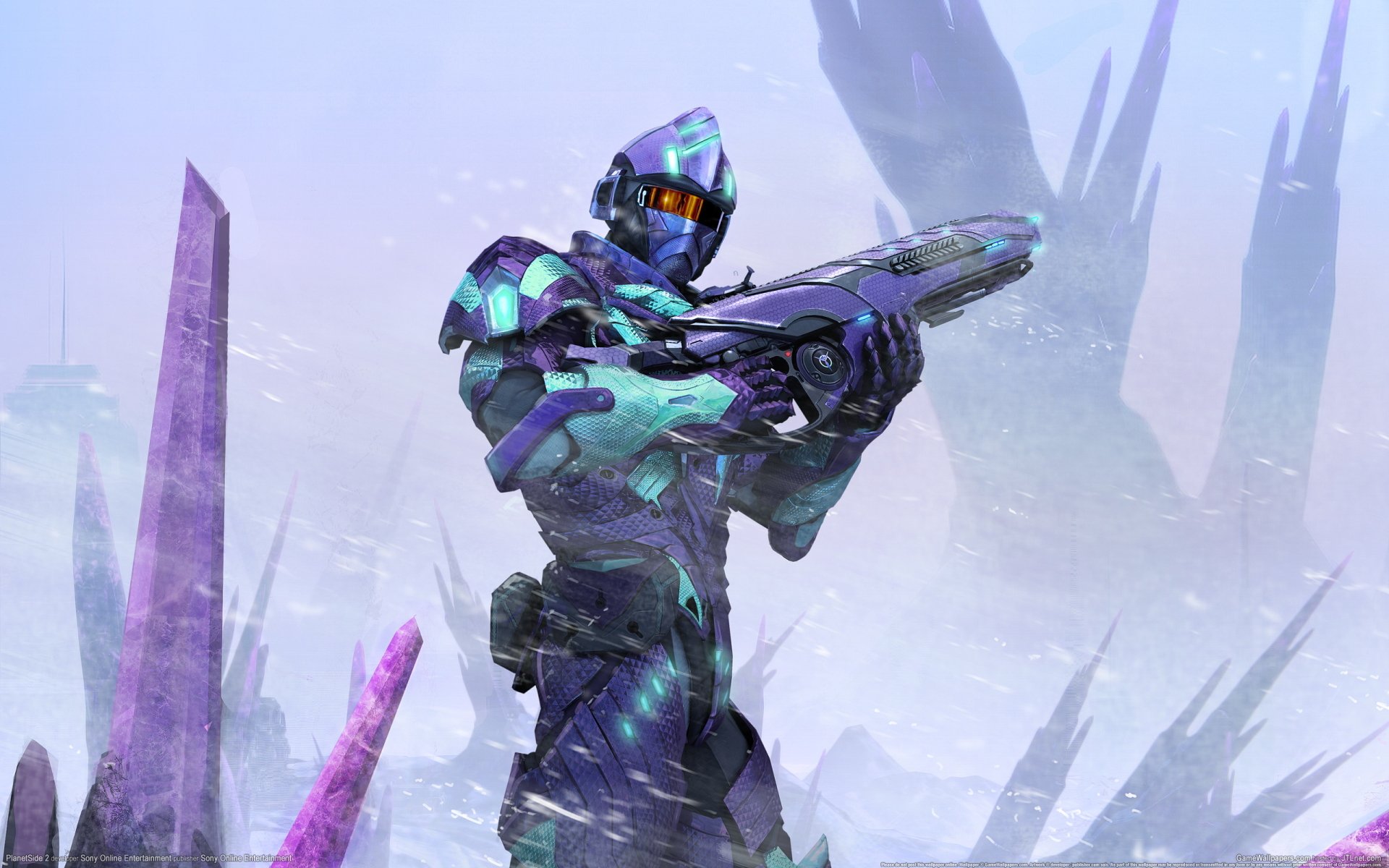 Video game Planetside 2: armored trooper in teal-purple camo aims an energy rifle amid jagged ice crystals — 2K Quad HD PC desktop wallpaper background.