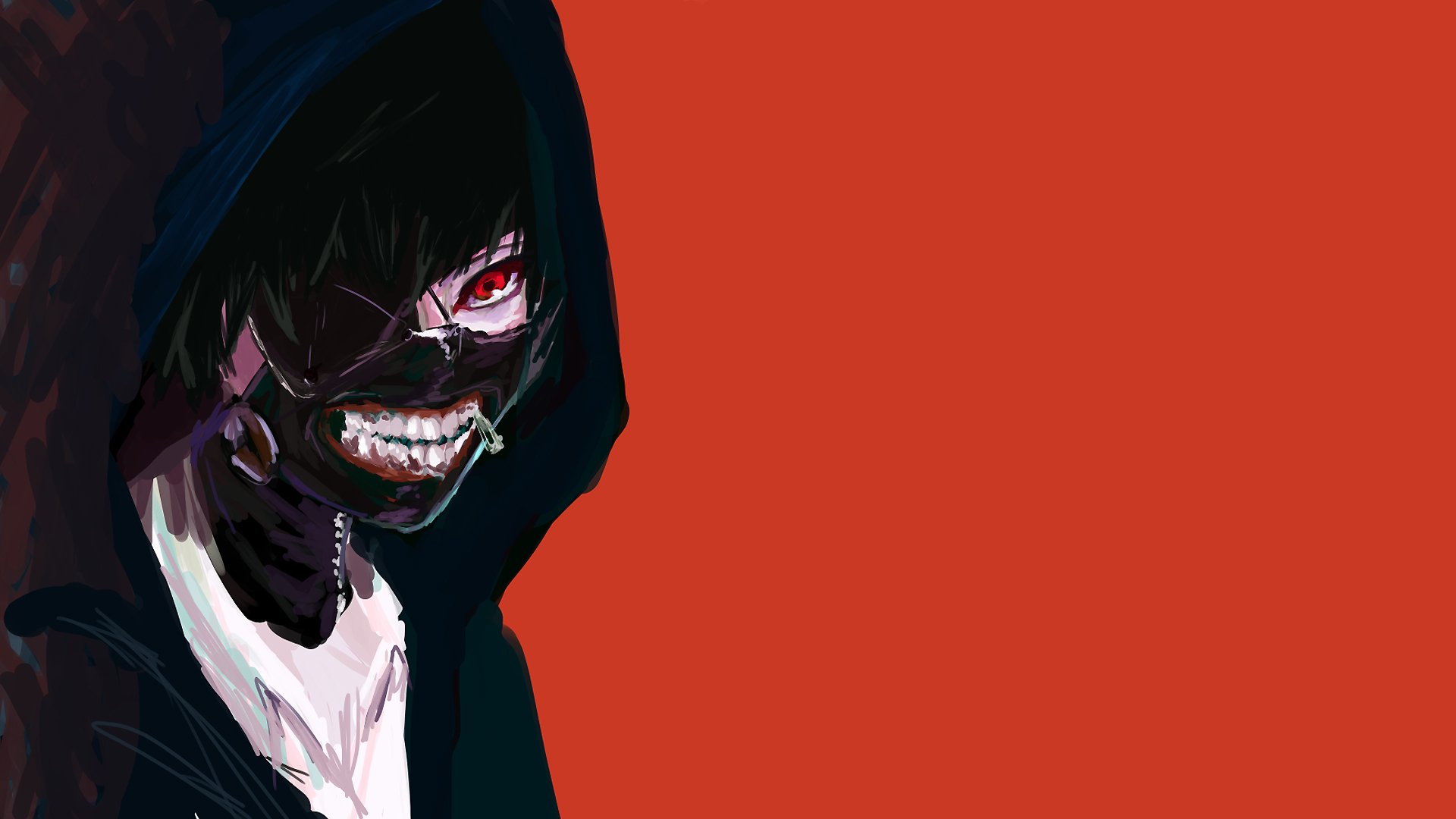 A striking HD wallpaper featuring Ken Kaneki from Tokyo Ghoul, showcasing his sinister look with intense red eyes and a mask, set against a bold red background.