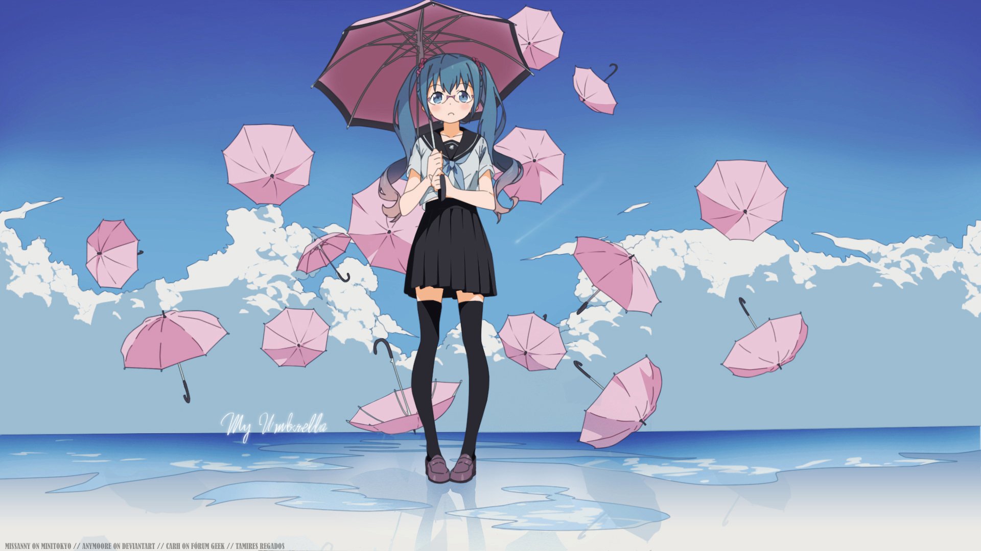 Anime-style HD wallpaper featuring Hatsune Miku with long blue hair and blue eyes, standing on reflective water under a clear sky, surrounded by floating pink umbrellas.