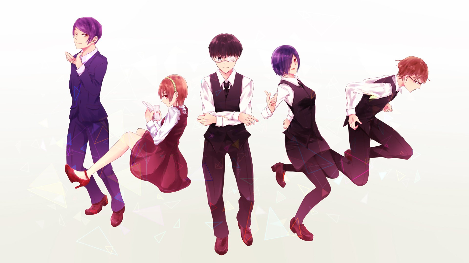 HD anime desktop wallpaper featuring characters from Tokyo Ghoul, standing and posing against a light background.