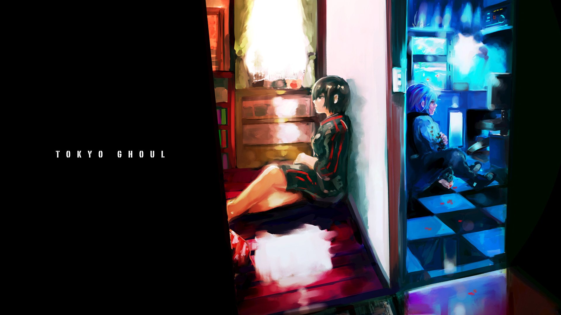 HD desktop wallpaper featuring Ken Kaneki and Touka Kirishima from the anime Tokyo Ghoul; they are seated in different rooms, separated by a wall, evoking a dramatic and contrasting atmosphere.