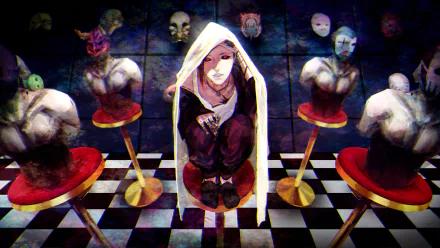 HD desktop wallpaper featuring Uta from Tokyo Ghoul, an anime series. Uta sits surrounded by eerie mannequins and masks, creating a dark and surreal atmosphere.