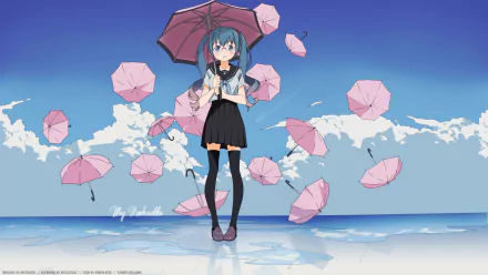 Anime-style HD wallpaper featuring Hatsune Miku with long blue hair and blue eyes, standing on reflective water under a clear sky, surrounded by floating pink umbrellas.