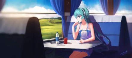 Anime character Hatsune Miku with blue hair and headphones, wearing a dress, sits on a train looking out the window at a lush landscape. A bottle and a can are placed on the table in front of her.