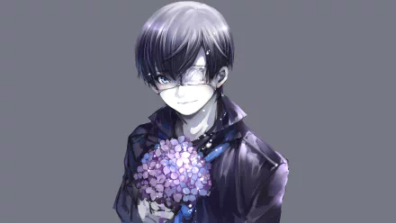 HD desktop wallpaper featuring Ken Kaneki from the anime Tokyo Ghoul, holding a bouquet of purple flowers against a gray background.