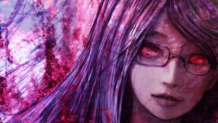 Rize Kamishiro from Tokyo Ghoul is depicted in this HD anime wallpaper, showcasing her striking features amidst a vibrant, ethereal background.