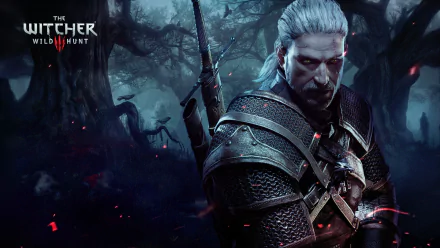 HD desktop wallpaper featuring Geralt of Rivia from The Witcher 3: Wild Hunt. Geralt stands poised against a dark, mystical forest backdrop, exuding a powerful and intense presence.