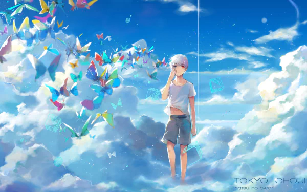 Anime character Ken Kaneki from Tokyo Ghoul with white hair stands among colorful butterflies in a dreamy cloud-filled sky; HD desktop wallpaper background.
