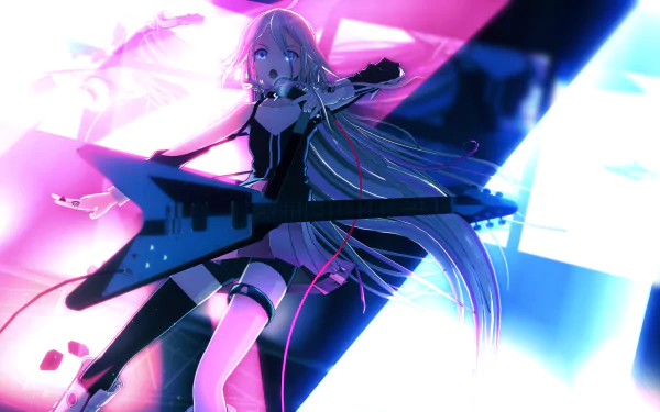 A vibrant HD wallpaper featuring a Vocaloid character performing with a guitar against a backdrop of pink and blue geometric designs, capturing the energy of anime aesthetics.