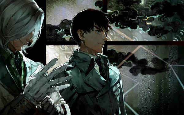 HD desktop wallpaper featuring Kureo Mado and Koutarou Amon from the anime Tokyo Ghoul, standing in front of a dark, stormy background with abstract elements and rain on the windows.