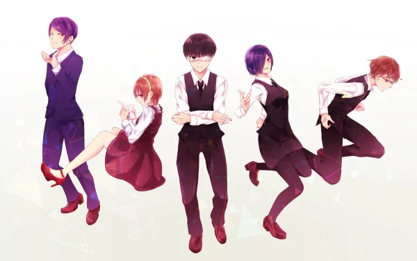 HD anime desktop wallpaper featuring characters from Tokyo Ghoul, standing and posing against a light background.