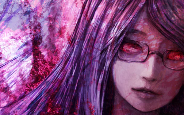 Rize Kamishiro from Tokyo Ghoul is depicted in this HD anime wallpaper, showcasing her striking features amidst a vibrant, ethereal background.