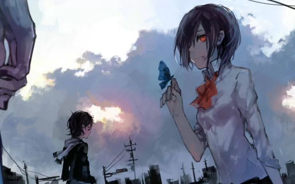 A captivating HD desktop wallpaper featuring Ayato and Touka Kirishima from Tokyo Ghoul, set against a dramatic sky and urban backdrop, showcasing their intense expressions and connection.