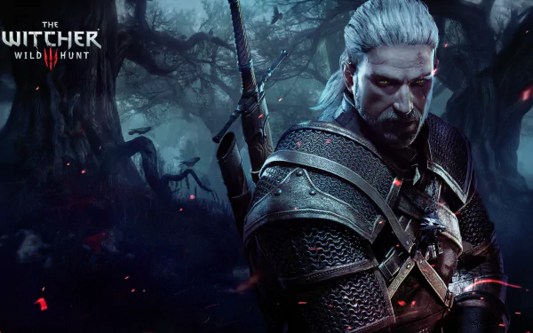 HD desktop wallpaper featuring Geralt of Rivia from The Witcher 3: Wild Hunt. Geralt stands poised against a dark, mystical forest backdrop, exuding a powerful and intense presence.