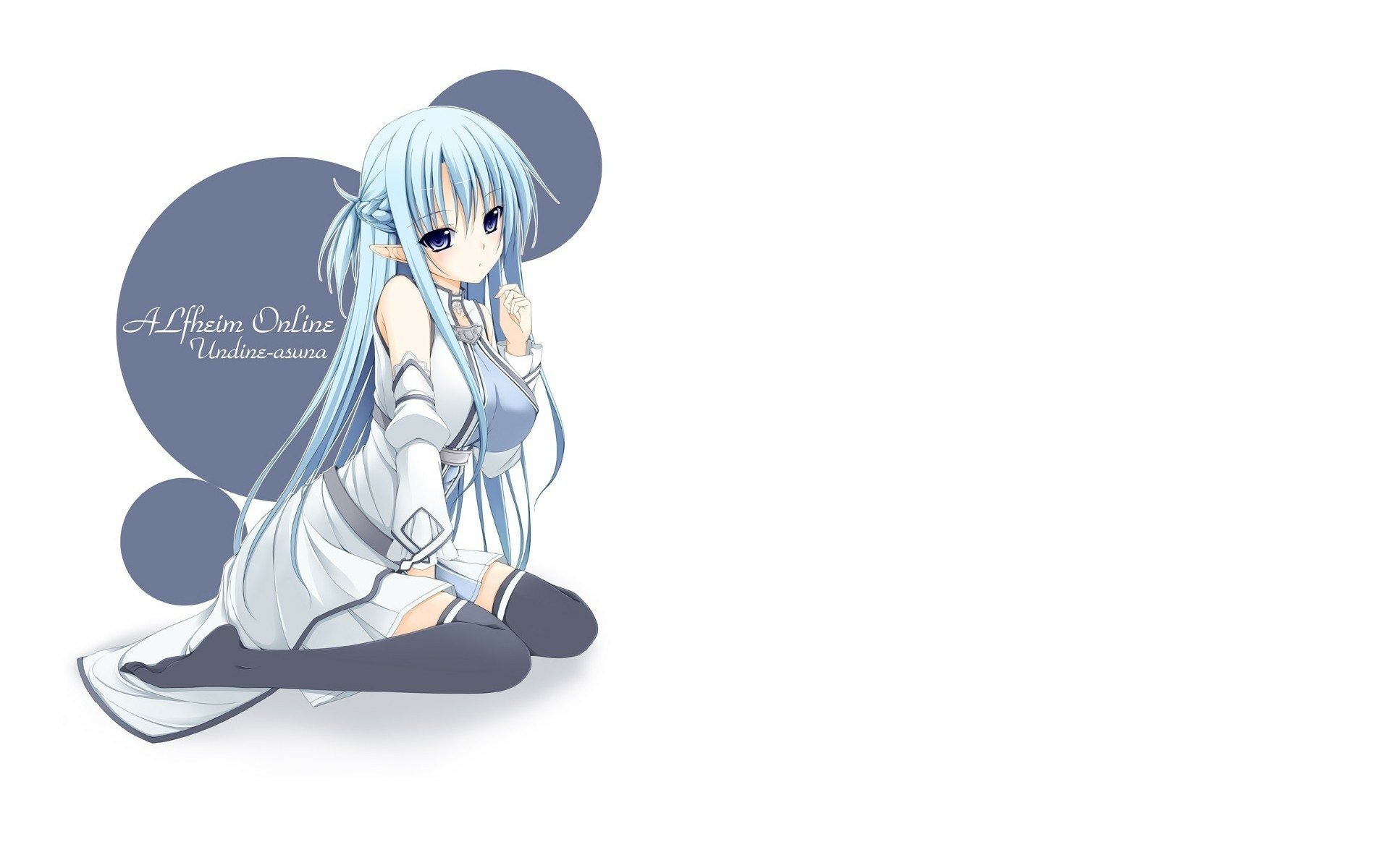 Anime-style HD desktop wallpaper featuring Asuna Yuuki from Sword Art Online II with long blue hair and striking blue eyes against a minimalist background.