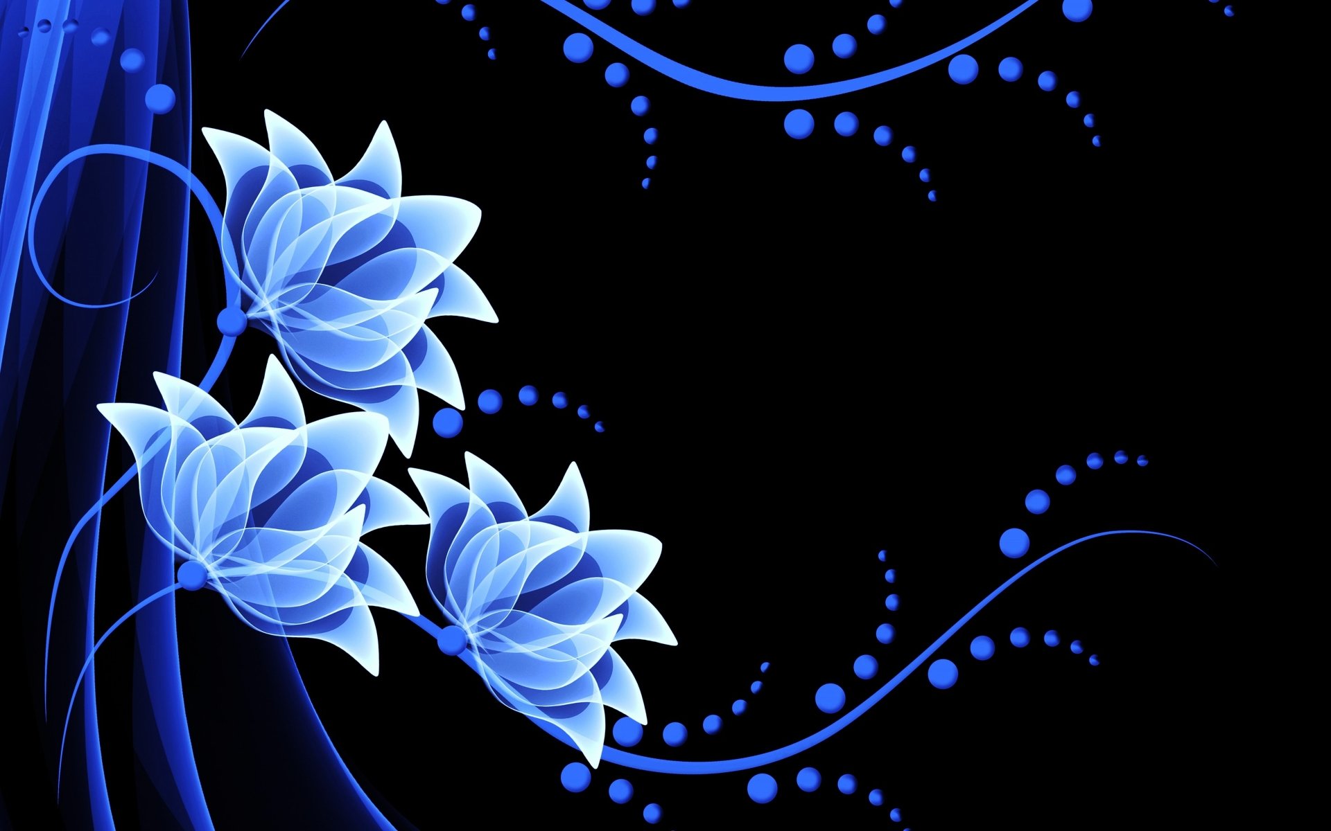 A captivating artistic depiction of glowing blue flowers against a black background, designed as a stunning 4K Ultra HD PC desktop wallpaper.