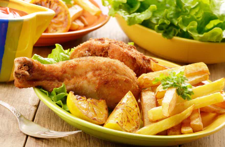 A 4K Ultra HD desktop wallpaper featuring a meal with crispy fried chicken, golden French fries, roasted potato wedges, and fresh green lettuce.