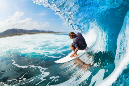 A surfer rides a massive wave, capturing the thrill of surfing in this HD desktop wallpaper. The vivid blue water and clear sky enhance the dynamic sports scene.