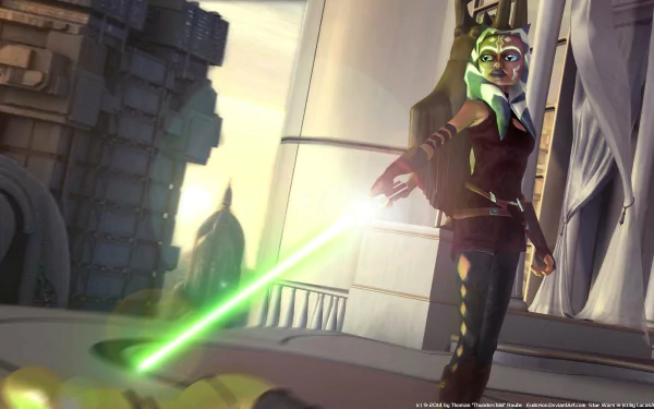 Ahsoka Tano, a Jedi from Star Wars: The Clone Wars, wields a green lightsaber in a dynamic scene set against a futuristic backdrop. High-definition desktop wallpaper.