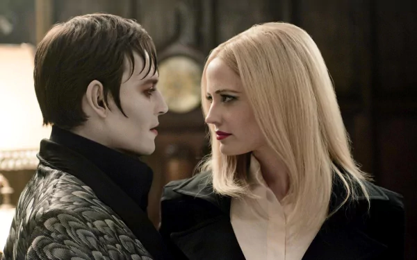 Movie still from Dark Shadows: a pale, gothic man in a patterned coat locks eyes with a blonde woman in a black coat in a dim wood-paneled room — HD PC desktop wallpaper background.