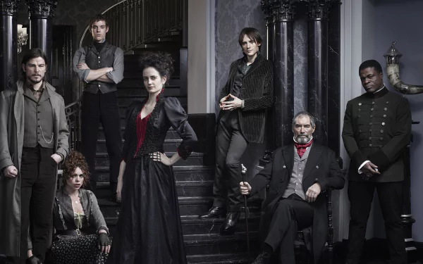 HD PC desktop wallpaper featuring the cast of the TV show Penny Dreadful posed in a dark, Victorian-style interior with dramatic lighting and period costumes.