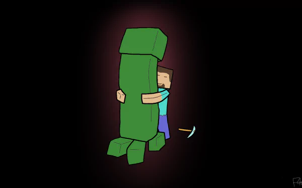HD desktop wallpaper featuring Steve from Minecraft hugging a Creeper, created by Mojang. The background is dark, highlighting the characters.