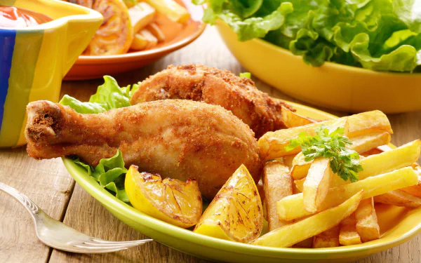 A 4K Ultra HD desktop wallpaper featuring a meal with crispy fried chicken, golden French fries, roasted potato wedges, and fresh green lettuce.