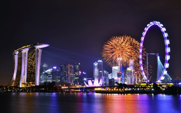 Man Made Singapore Cities Celebration Building Fireworks Light Night Skyscraper HD Wallpaper | Background Image