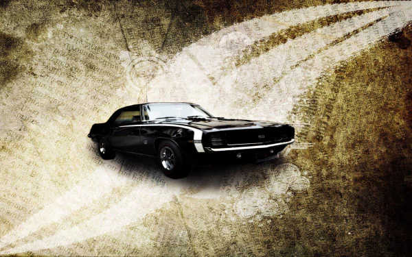 Black Chevrolet Camaro SS muscle car showcased on a textured background in a 4K Ultra HD desktop wallpaper design.