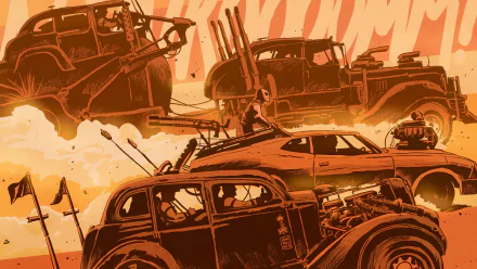 Dynamic illustration from *Mad Max: Fury Road*, showcasing intense vehicle action amidst a dramatic orange desert backdrop. High-definition desktop wallpaper and background.