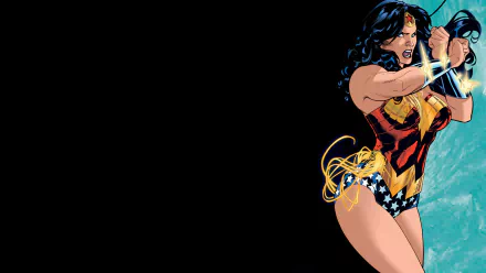 HD PC desktop wallpaper featuring comic-style Wonder Woman in dynamic pose with glowing lasso, set against a dark and blue circular background.