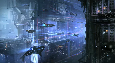 HD desktop wallpaper of a cyberpunk cityscape with flying cars navigating between futuristic, illuminated skyscrapers in a dense urban setting.
