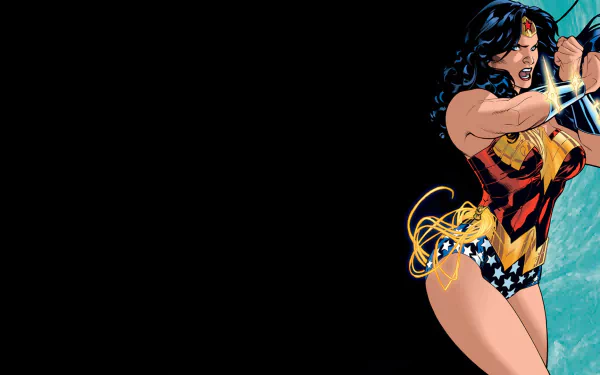 HD PC desktop wallpaper featuring comic-style Wonder Woman in dynamic pose with glowing lasso, set against a dark and blue circular background.