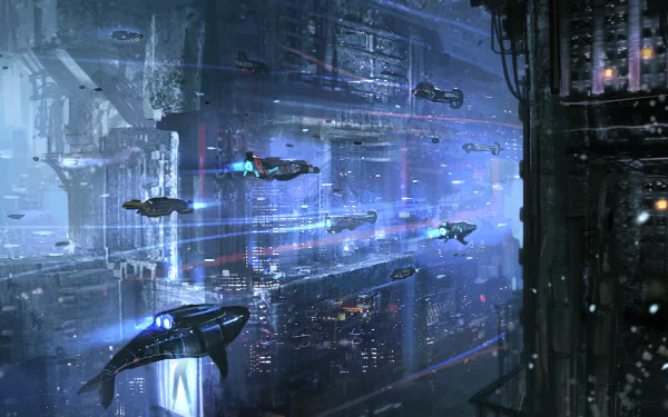 HD desktop wallpaper of a cyberpunk cityscape with flying cars navigating between futuristic, illuminated skyscrapers in a dense urban setting.