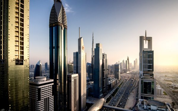 Man Made Dubai Cities United Arab Emirates Sheikh Zayed Avenue Monorail Traffic Cityscape Megapolis Skyscraper Rose Tower HD Wallpaper | Background Image