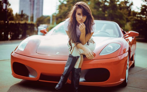 Frauen Mädchen & Autos Modell Autos Red Car Ferrari Brown Hair Boots HD Wallpaper | Hintergrund
