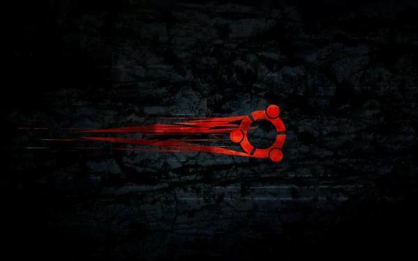 A sleek HD desktop wallpaper featuring a dynamic red Ubuntu logo with motion trails against a dark textured background, highlighting Linux and technology themes.