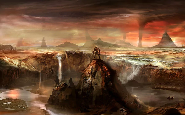 An epic HD desktop wallpaper from God of War, featuring a warrior standing on a rocky outcrop amidst a dramatic landscape of waterfalls and swirling storm clouds.
