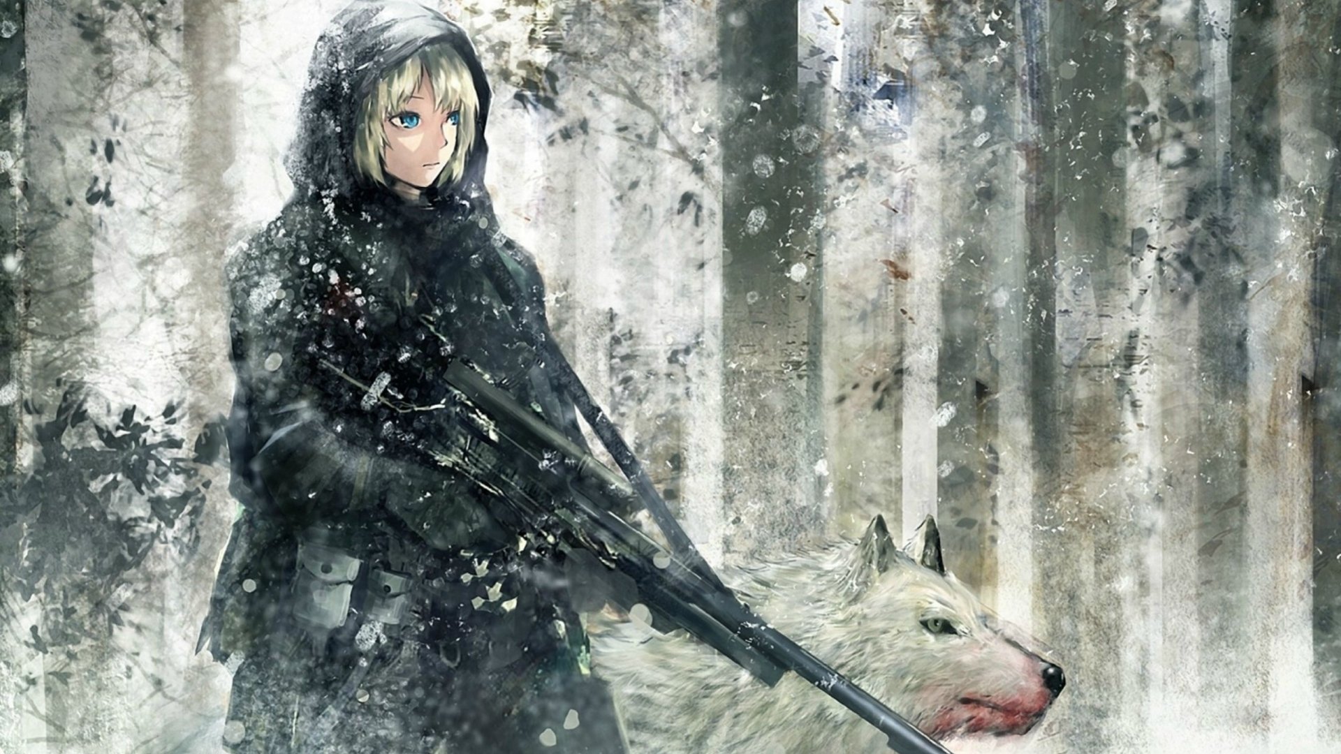 HD desktop wallpaper featuring a blonde anime character with blue eyes and short hair, wearing a hood and holding a gun, alongside a wolf in a snowy forest.
