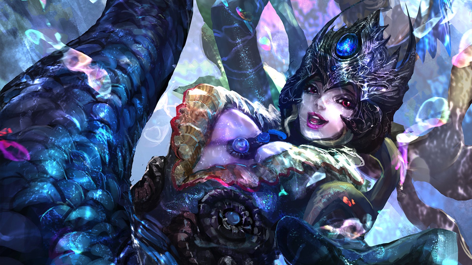 Nami (League of Legends) from the video game League of Legends — a regal sea sorceress in an HD PC desktop wallpaper and background, surrounded by glowing water, bubbles and tentacles.