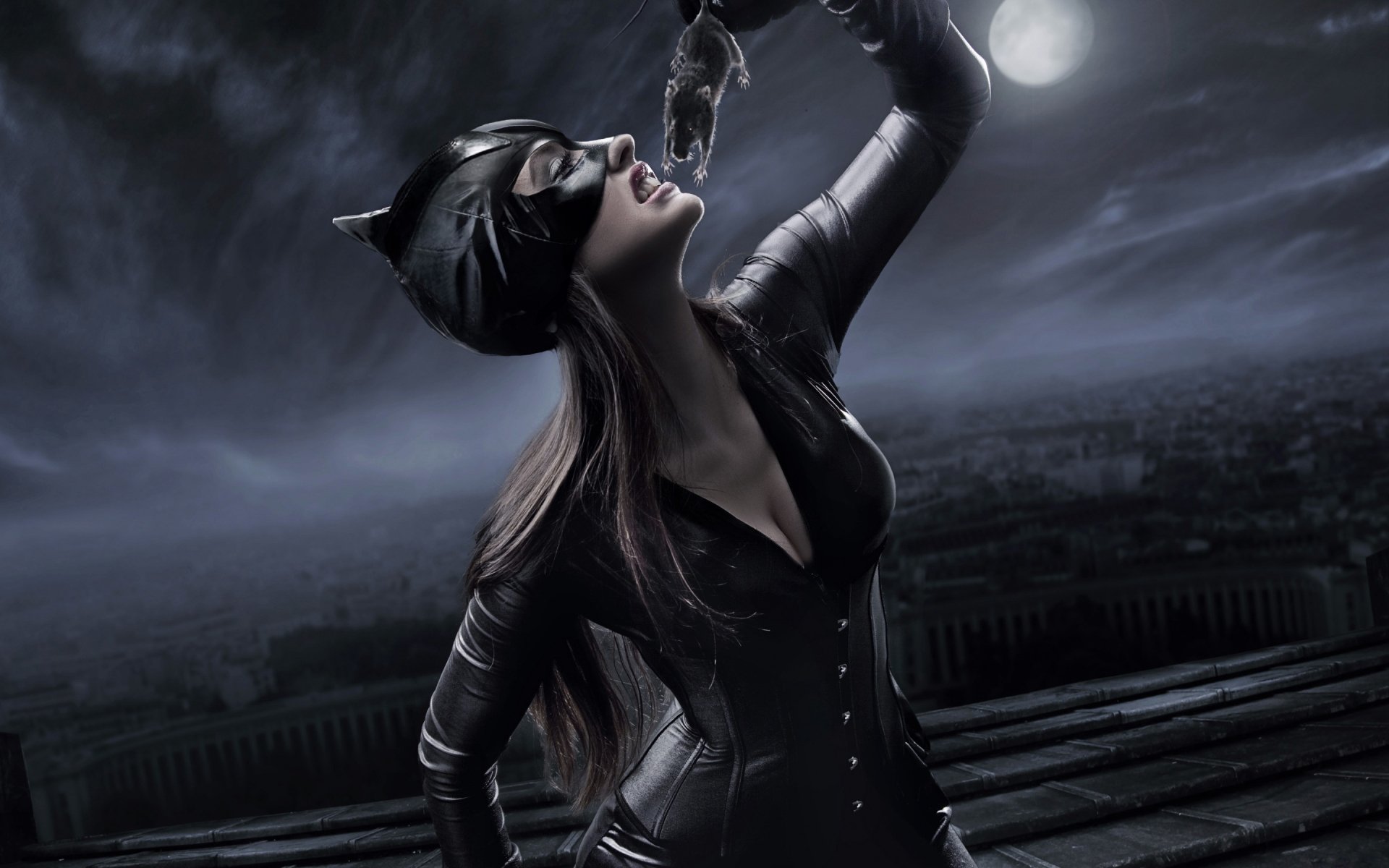 Comic Catwoman perched on a moonlit rooftop, leather suit and whip in a dramatic pose — 2K Quad HD PC desktop wallpaper/background.