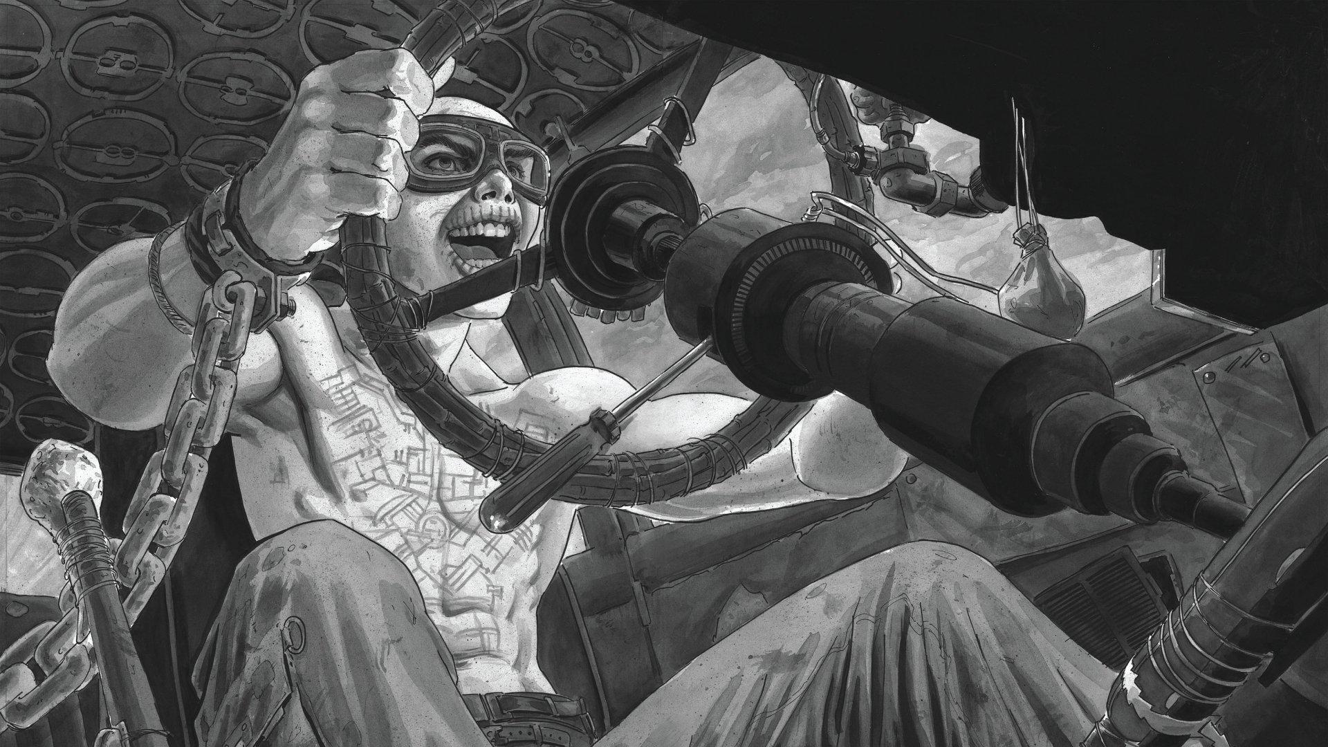 Nux from Mad Max: Fury Road gripping the steering controls in a dynamic 4K Ultra HD PC desktop wallpaper from the movie.