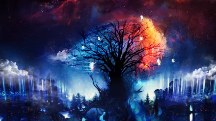 A vibrant fantasy scene featuring a silhouetted tree against a cosmic backdrop, with ethereal fairies dancing among colorful clouds and landscapes. A stunning HD desktop wallpaper.