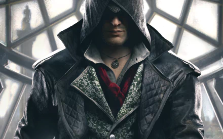 HD desktop wallpaper featuring Jacob Frye from Assassin's Creed: Syndicate, showcasing a close-up of the character in his iconic hood and outfit.