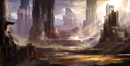 HD PC desktop wallpaper featuring a detailed sci-fi cityscape with towering futuristic buildings under a dramatic sky, blending advanced technology with an atmospheric environment.