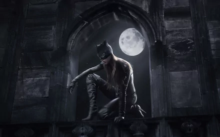 A striking HD desktop wallpaper featuring Catwoman perched dramatically in a dark, gothic setting, with a full moon illuminating the scene.