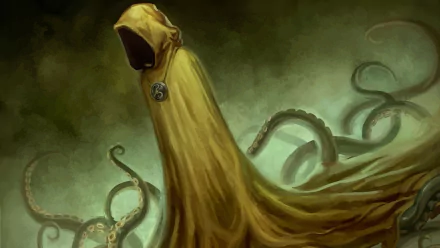 Dark fantasy HD desktop wallpaper depicting a hooded figure shrouded in yellow with tentacles, inspired by H.P. Lovecraft’s Cthulhu mythos.