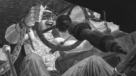 Nux from Mad Max: Fury Road gripping the steering controls in a dynamic 4K Ultra HD PC desktop wallpaper from the movie.