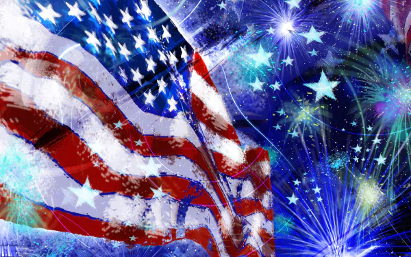 Vibrant HD desktop wallpaper featuring the American flag with fireworks and stars, celebrating the 4th of July in a festive and colorful display.